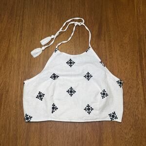 House of Harlow 1960 Halter Crop Top Large Ivory Black Embroidered Boho Tassel